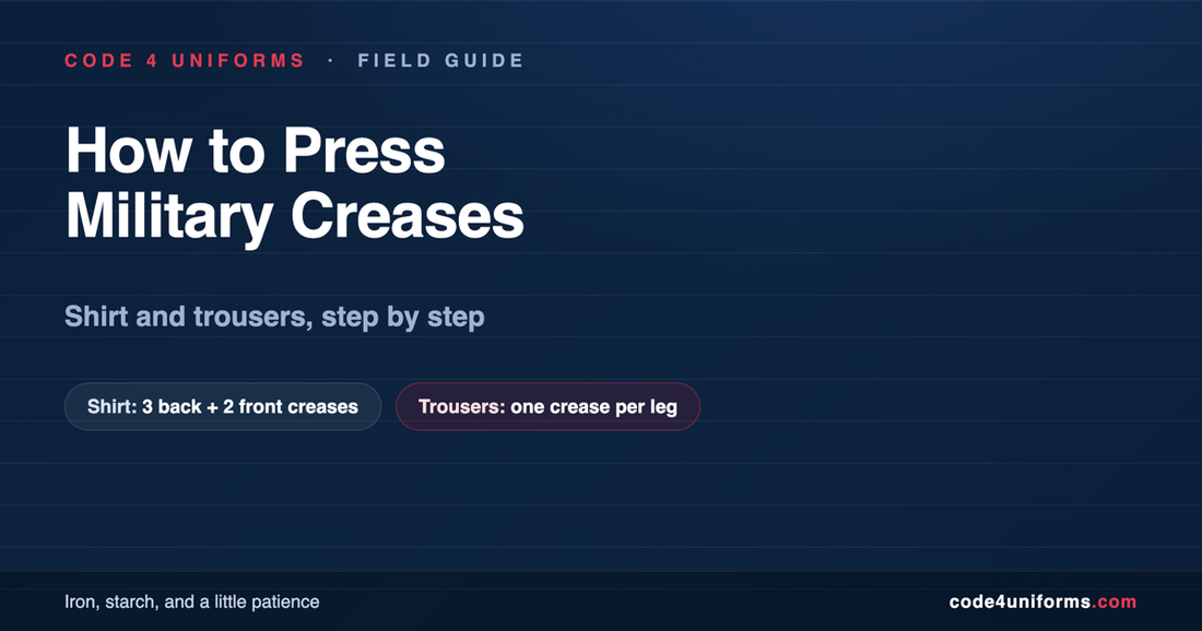 How to press military creases into a uniform: three creases on the shirt back and two on the front, plus one centered crease per trouser leg.