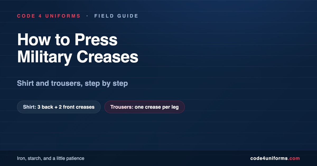 How to press military creases into a uniform: three creases on the shirt back and two on the front, plus one centered crease per trouser leg.