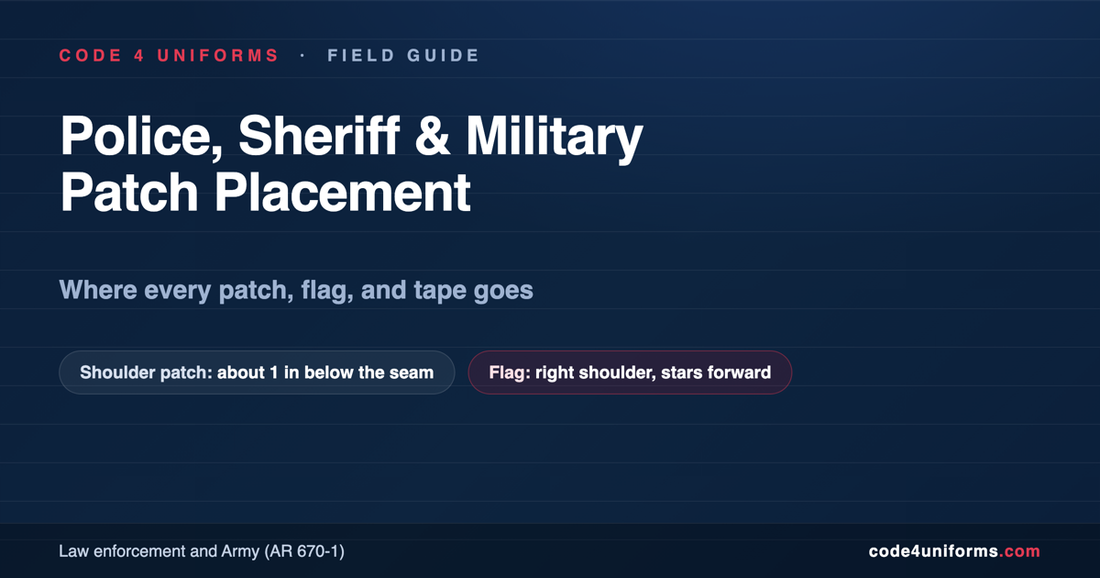 Police, sheriff, and military patch placement guide. Shoulder patches sit about 1 inch below the seam; the flag goes on the right shoulder with stars forward.