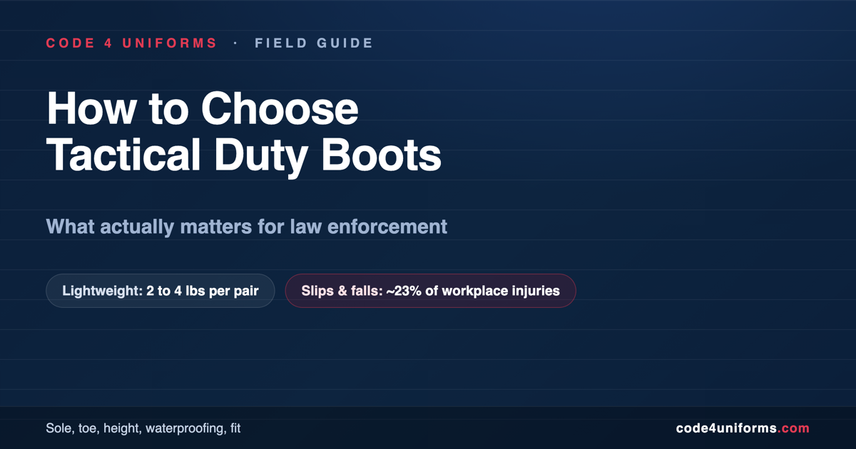 How to choose tactical duty boots for law enforcement: sole, toe, height, waterproofing, weight, and fit. Lightweight boots run 2 to 4 pounds per pair.