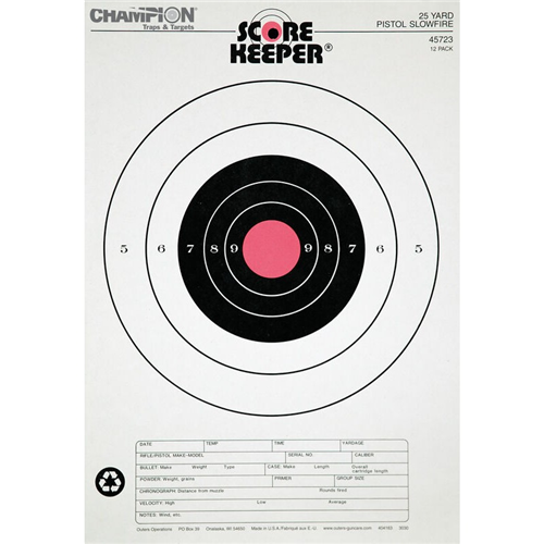 Champion Targets Champion Targets 45723 Score Keeper Fluorescent Orange & Black Bullseye Target, 25 Yard Pistol Slow Fire, 12 Pack