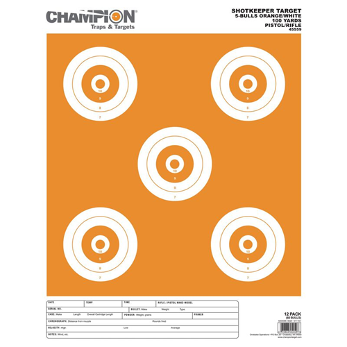 Champion Targets Champion Targets 45559 Shot Keeper 5 Bullseye 100 Yard Pistol/Rifle Targets, Orange/White, Large, 12 Pack
