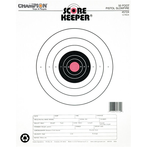 Champion Targets Champion Targets 45724 Score Keeper Fluorescent Orange & Black Bullseye Target, 50 Foot Pistol Slow Fire, 12 Pack
