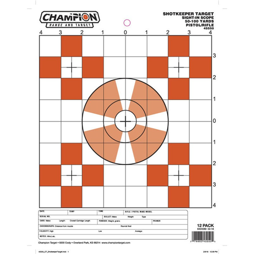 Champion Targets Champion Targets 45550 Shot Keeper 5 Bullseye Sight-In 100 Yard Pistol/Rifle Targets, Orange, Small, 12 Pack