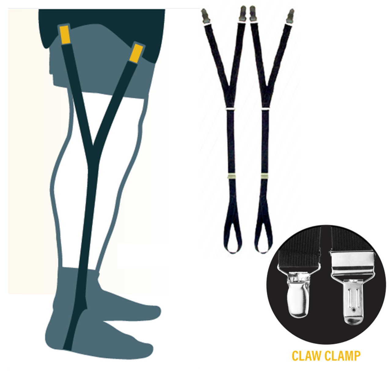Hero's Pride Adjustable Shirt Holders w/ Claw Clamp & Foot Loop Y-Style Strap - Black