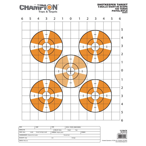 Champion Targets Champion Targets 45551 Shot Keeper 5 Bullseye Sight-In 100 Yard Pistol/Rifle Targets, Orange, Large, 12 Pack