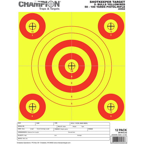 Champion Targets Champion Targets 45562 Shot Keeper 5 Bullseye 100 Yard Pistol/Rifle Targets, Yellow/Red, Small, 12 Pack