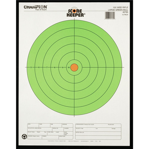 Champion Targets Champion Targets 45795 Score Keeper 100 Yard Rifle Fluorescent Green Bullseye Target (12 Pack)