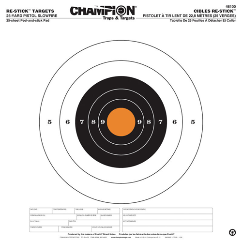Champion Targets Champion Targets 46100 Re-Stick Targets, 25 Yard Pistol Slow Fire, 14.5x14.5, 25 Sheets