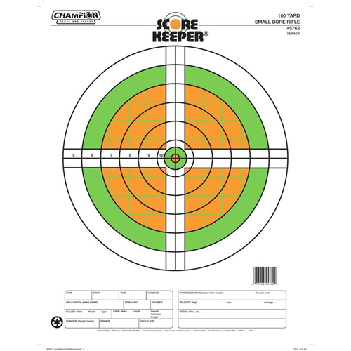 Champion Targets Champion Targets 45762 Score Keeper Fluorescent Orange & Green Bullseye Target, 100 Yard Small Bore Rifle, 12 Pack