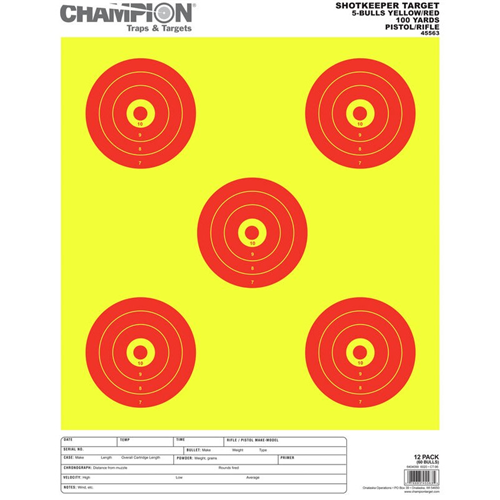 Champion Targets Champion Targets 45563 Shot Keeper 5 Bullseye 100 Yard Pistol/Rifle Targets, Yellow/Red, Large, 12 Pack