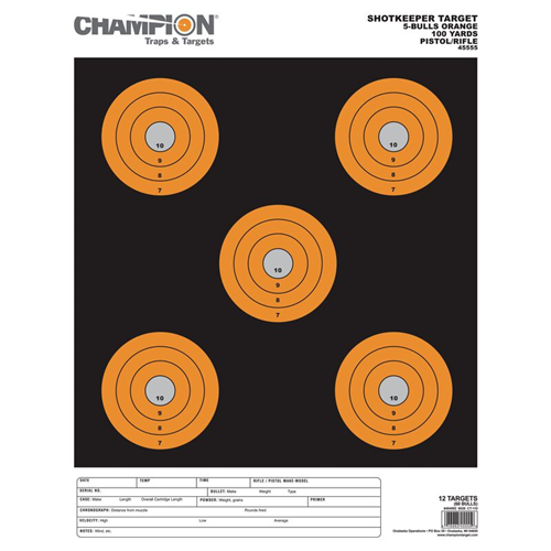 Champion Targets Champion Targets 45555 Shot Keeper 5 Bullseye 100 Yard Pistol/Rifle Targets, Orange, Large, 12 Pack