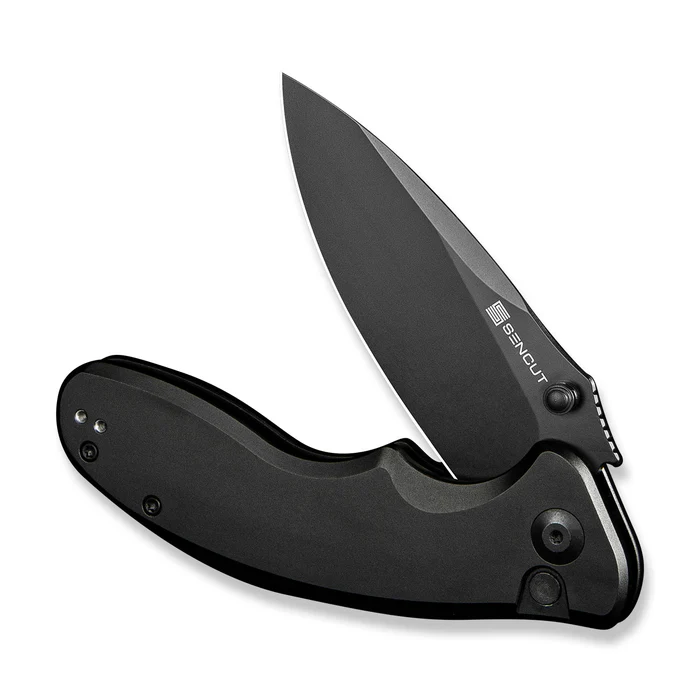 SENCUT Cybrix Flipper/Thumb Stud Folding Knife 3.46 Black 9Cr18MoV Drop Point Plain Edge Blade, Black Aluminum Handle