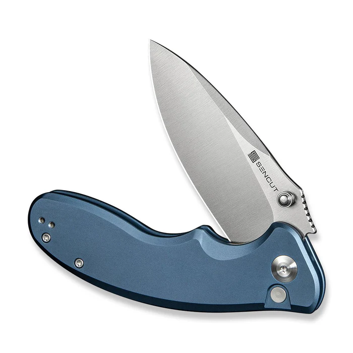 SENCUT Cybrix Flipper/Thumb Stud Folding Knife 3.46 Satin 9Cr18MoV Drop Point Plain Edge Blade, Blue Aluminum Handle