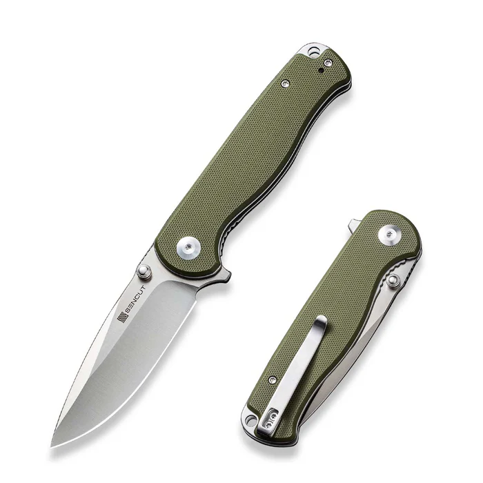 SENCUT Errant Flipper/Thumb Stud Folding Knife 3.45 Satin 9Cr18MoV Drop Point Plain Edge Blade, OD Green G10 Handle