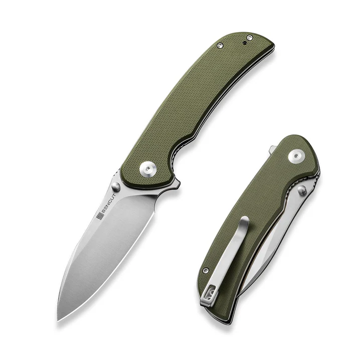 SENCUT Borzam Flipper/Thumb Stud Folding Knife 3.46 Satin 9Cr18MoV Drop Point Plain Edge Blade, OD Green G10 Handle
