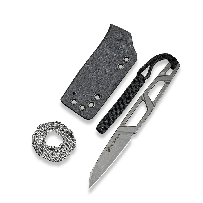 SENCUT TEXO Fixed Blade Neck Knife 1.97 Stonewash 9Cr18MoV Reverse Tanto Plain Edge Blade, Skeletonized Handle & Kydex Sheath