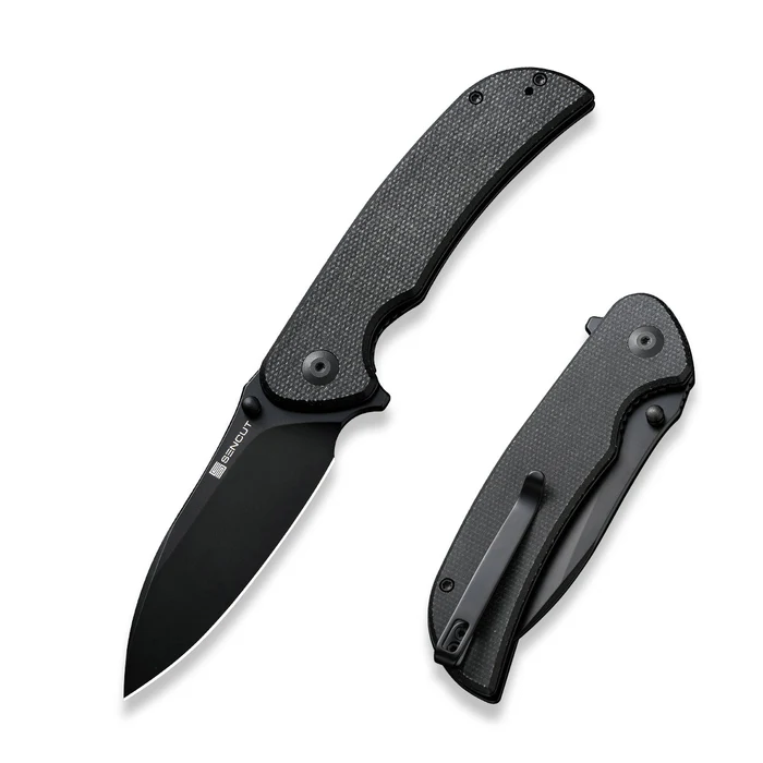 SENCUT Borzam Flipper/Thumb Stud Folding Knife 3.46 Black 9Cr18MoV Drop Point Plain Edge Blade, Black Canvas Micarta Handle