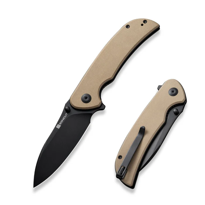 SENCUT Borzam Flipper/Thumb Stud Folding Knife 3.46 Black 9Cr18MoV Drop Point Plain Edge Blade, Tan G10 Handle