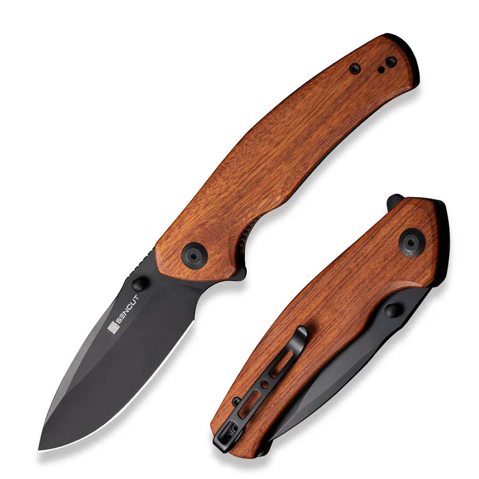 SENCUT Slashkin Flipper/Thumb Stud Folding Knife 3.48 Black D2 Drop Point Plain Edge Blade, Guibourtia Wood Handle