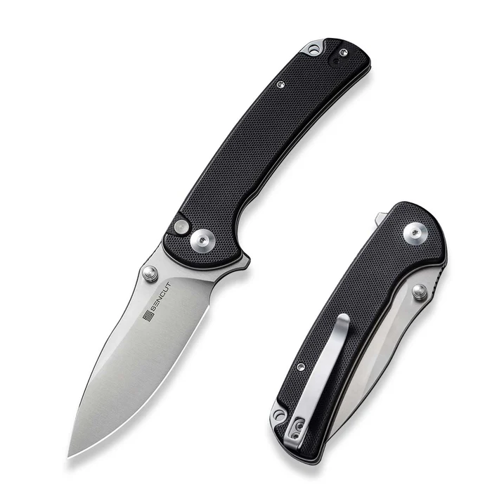 SENCUT Pulsewave Flipper/Thumb Stud Folding Knife 3.45 Satin 9Cr18MoV Drop Point Plain Edge Blade, Black G10 Handle