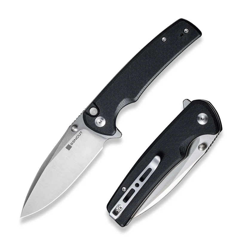 SENCUT Sachse Flipper/Thumb Stud Folding Knife 3.47 Satin 9Cr18MoV Drop Point Plain Edge Blade, Black G10 Handle