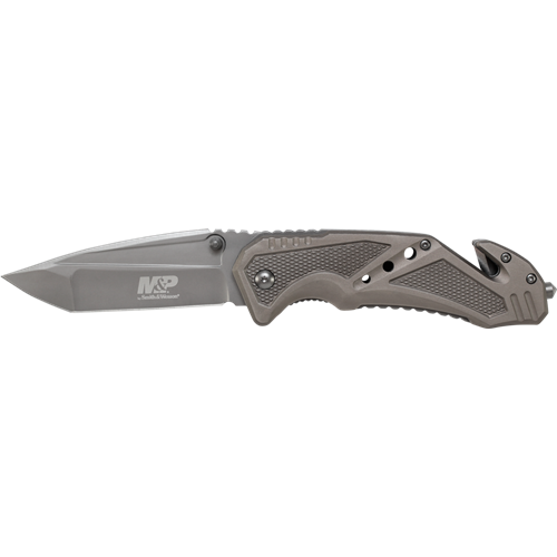 Smith & Wesson M&P Clip Folder, Liner Lock, Grey Blade and Grey Handle, Strap Cutter, Ceramic Glass Breaker