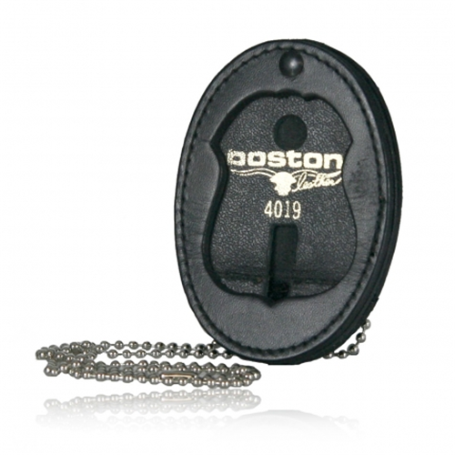 Boston Leather Oval Recessed Badge Holder with Clip and Chain