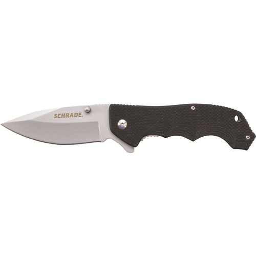 Schrade G10 Handle, 9Cr18MoV Steel, Index Flipper, Liner Lock, Dual Thumb Studs.