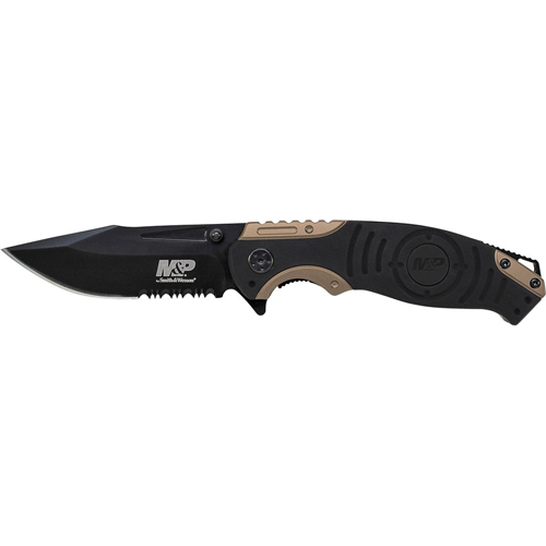 Smith & Wesson Liner Lock, 8Cr13MoV Drop Point Blade, Thumb Knobs, Index Flipper, Black/Gold Handle