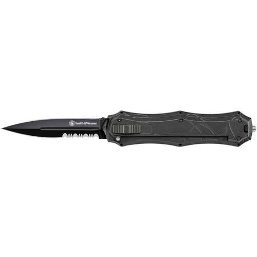 Smith & Wesson OTF Assist, Finger Actuator, Black 40% Serrated Spear Point Blade AUS-8. No Ship CA, NY, MA