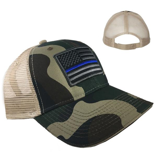 Thin Blue Line Camo Trucker Hat - Subdued Thin Blue Line American Flag