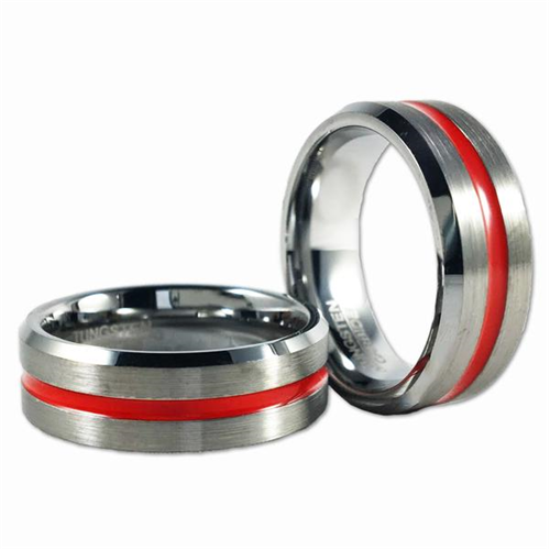 Thin Blue Line Men's Thin Red Line Ring, Tungsten