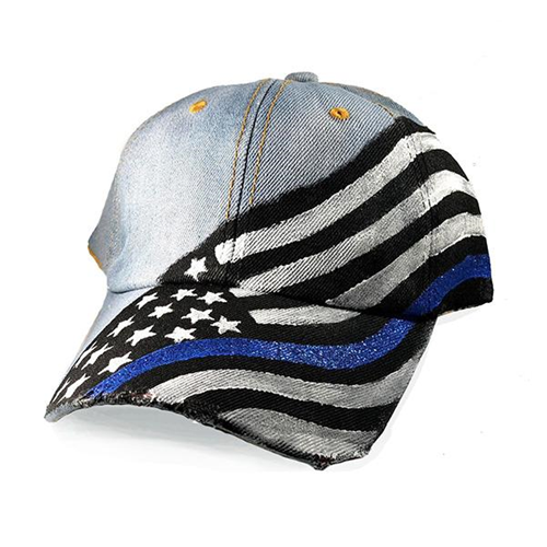 Thin Blue Line Women's Hand Painted Hat - Thin Blue Line Flag